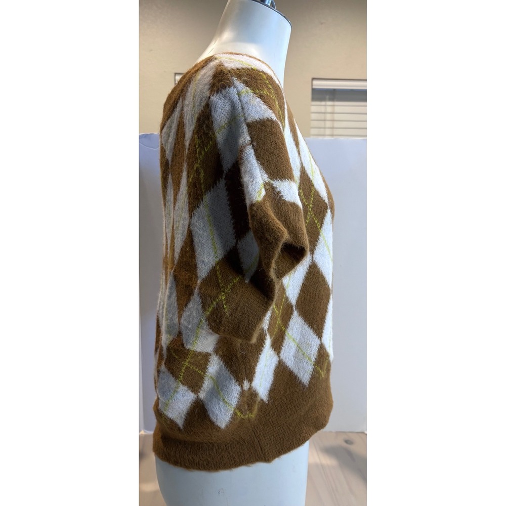 Free People Argyle V-Neck Sweater Vest‎ Brown White Fuzzy Cropped Small Preppy - Picture 7 of 11